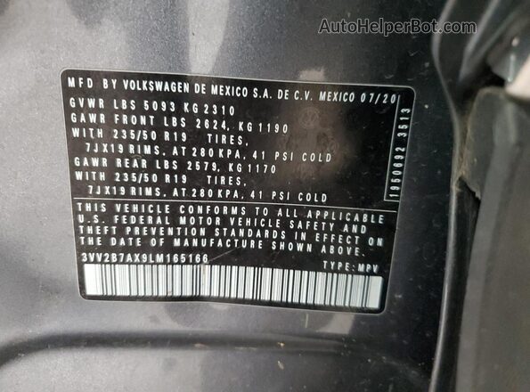 3VV2B7AX9LM165166 2020 VOLKSWAGEN TIGUAN Gray Вид наклейки з VIN-кодом