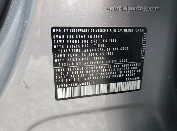 3VV3B7AX0LM086991 2020 VOLKSWAGEN TIGUAN Silver VIN კოდის სტიკერის ხედი