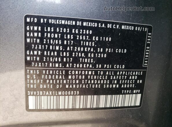 3VV3B7AX1LM006839 2020 VOLKSWAGEN TIGUAN Gray Вид наклейки з VIN-кодом