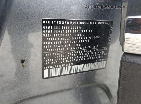3VV3B7AX1LM106522 2020 VOLKSWAGEN TIGUAN Gray სალონის 360-გრადუსიანი ხედი