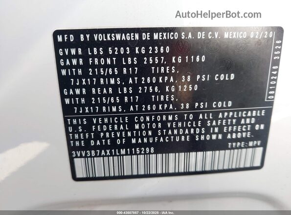 3VV3B7AX1LM115298 2020 VOLKSWAGEN TIGUAN White Vista del compartimento del motor