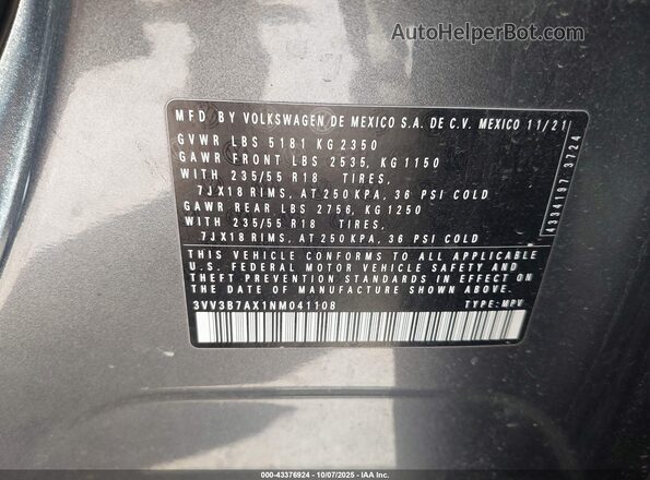 3VV3B7AX1NM041108 2022 VOLKSWAGEN TIGUAN Dark Blue Widok komory silnika