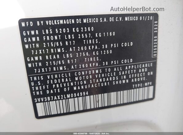 3VV3B7AX2LM094994 2020 VOLKSWAGEN TIGUAN White ძრავის განყოფილების ხედი