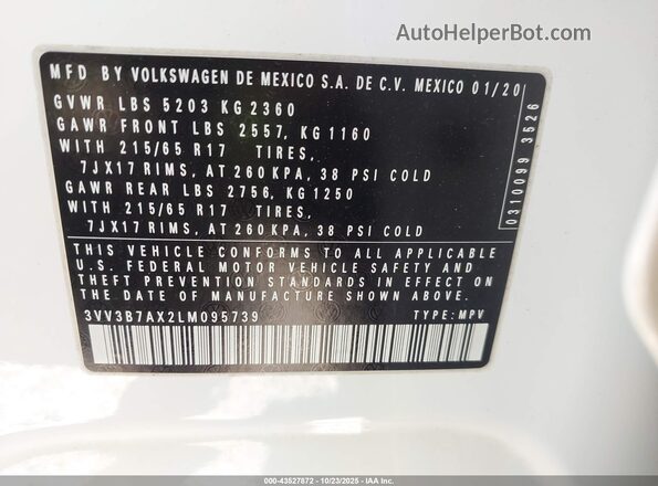 3VV3B7AX2LM095739 2020 VOLKSWAGEN TIGUAN White Շարժիչի բաժամունքի տեսք