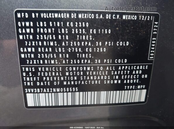 3VV3B7AX2NM058595 2022 VOLKSWAGEN TIGUAN Gray ძრავის განყოფილების ხედი