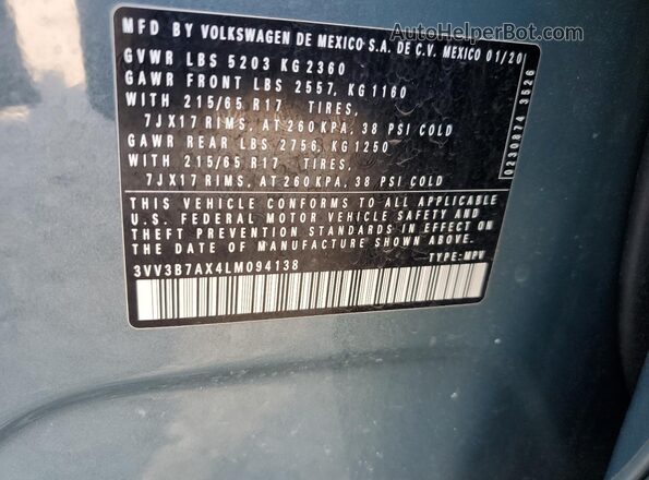 3VV3B7AX4LM094138 2020 VOLKSWAGEN TIGUAN Blue Widok komory silnika