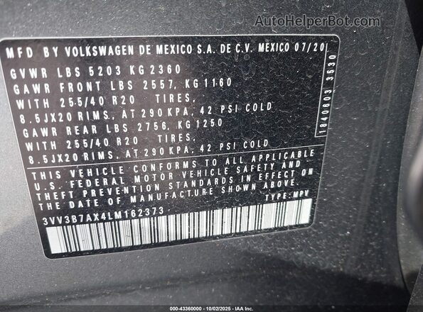 3VV3B7AX4LM162373 2020 VOLKSWAGEN TIGUAN Gray ძრავის განყოფილების ხედი