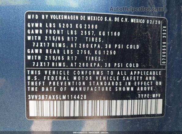 3VV3B7AX5LM114428 2020 VOLKSWAGEN TIGUAN Blue Widok komory silnika