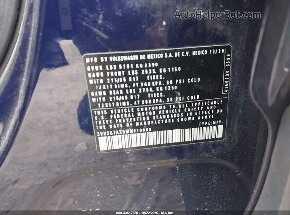 3VV3B7AX5MM019689 2021 VOLKSWAGEN TIGUAN Blue 