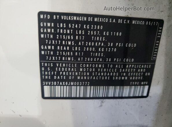 3VV3B7AX6JM003772 2018 VOLKSWAGEN TIGUAN White 
