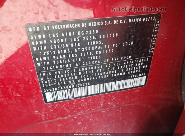 3VV3B7AX6NM170395 2022 VOLKSWAGEN TIGUAN Red ძრავის განყოფილების ხედი