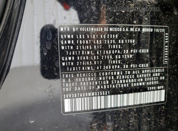 3VV3B7AX8MM025521 2021 VOLKSWAGEN TIGUAN Black 