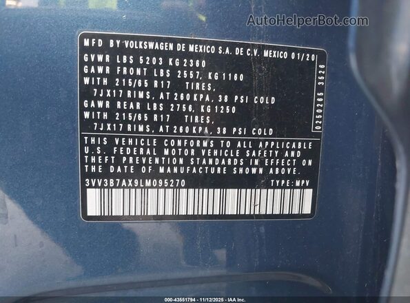 3VV3B7AX9LM095270 2020 VOLKSWAGEN TIGUAN Blue Engine compartment view