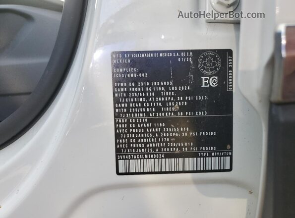 3VV4B7AX4LM109824 2020 VOLKSWAGEN TIGUAN White 360 interior view