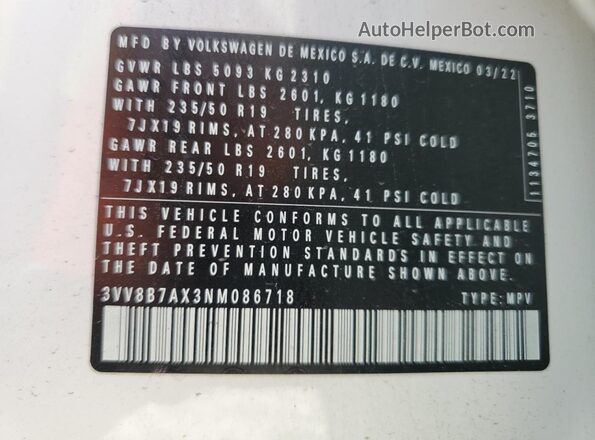 3VV8B7AX3NM086718 2022 VOLKSWAGEN TIGUAN White Widok naklejki z numerem VIN