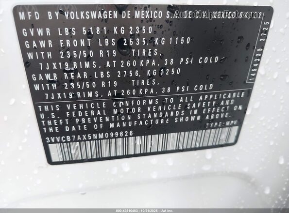 3VVCB7AX5NM099626 2022 VOLKSWAGEN TIGUAN White Widok komory silnika