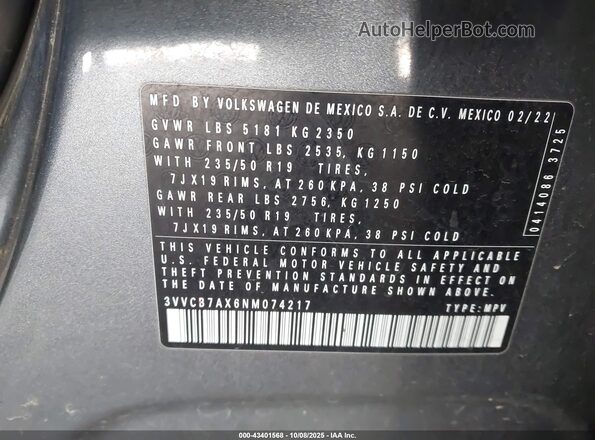 3VVCB7AX6NM074217 2022 VOLKSWAGEN TIGUAN Gray Vista del compartimento del motor