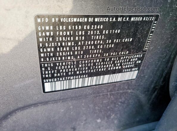 3VVCB7AX7PM065464 2023 VOLKSWAGEN TIGUAN Gray VIN კოდის სტიკერის ხედი