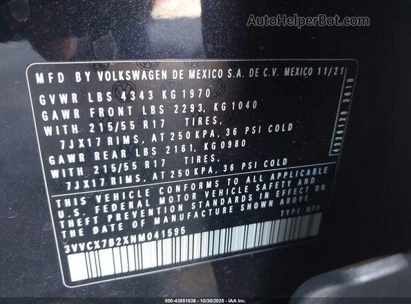 3VVCX7B2XNM041595 2022 VOLKSWAGEN TAOS Black Widok komory silnika
