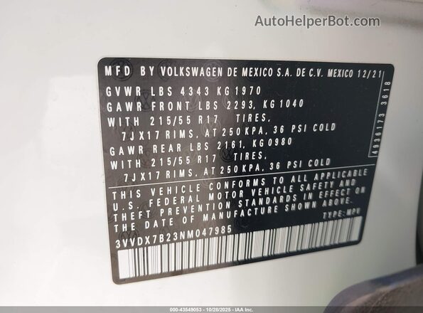 3VVDX7B23NM047985 2022 VOLKSWAGEN TAOS White Engine compartment view