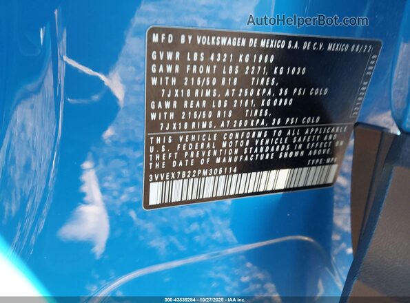 3VVEX7B22PM305114 2023 VOLKSWAGEN TAOS Blue Շարժիչի բաժամունքի տեսք