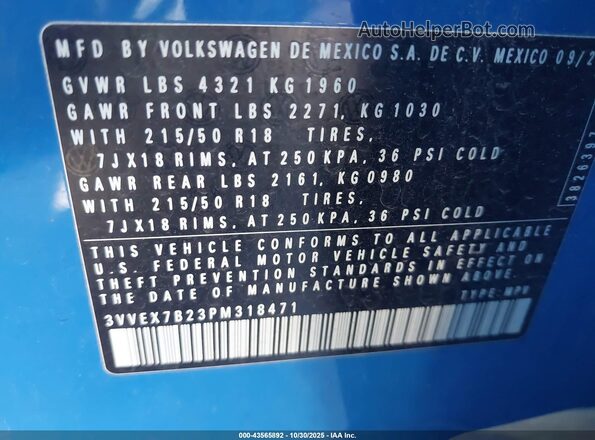 3VVEX7B23PM318471 2023 VOLKSWAGEN TAOS Blue ძრავის განყოფილების ხედი