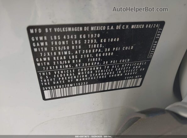 3VVEX7B27RM115232 2024 VOLKSWAGEN TAOS White Engine compartment view