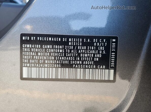 3VW2B7AJ4JM232695 2018 VOLKSWAGEN JETTA Gray 