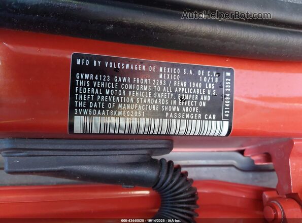 3VW5DAAT8KM502051 2019 VOLKSWAGEN BEETLE Orange 