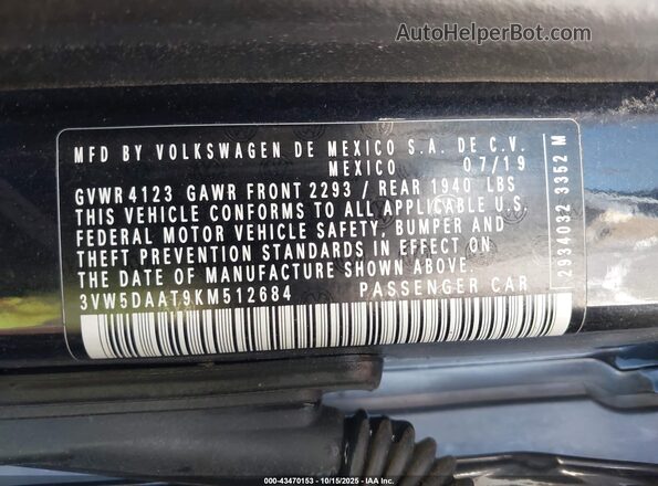 3VW5DAAT9KM512684 2019 VOLKSWAGEN BEETLE Black Շարժիչի բաժամունքի տեսք