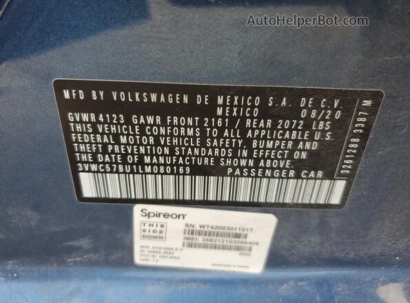 3VWC57BU1LM080169 2020 VOLKSWAGEN JETTA Синий Вид подкапотного пространства