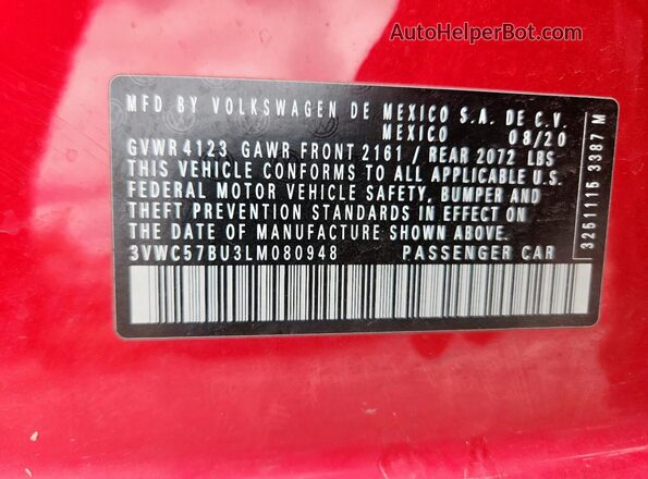 3VWC57BU3LM080948 2020 VOLKSWAGEN JETTA Red VIN կոդի պիտակի տեսք