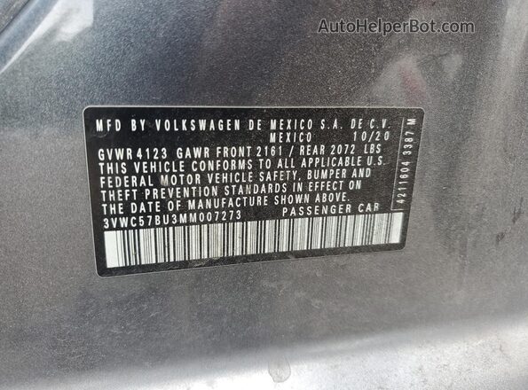 3VWC57BU3MM007273 2021 VOLKSWAGEN JETTA Gray Вид підкапотного простору