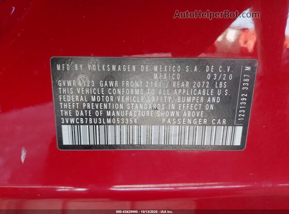 3VWCB7BU3LM053354 2020 VOLKSWAGEN JETTA Red Вид підкапотного простору