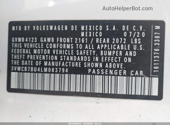 3VWCB7BU4LM063794 2020 VOLKSWAGEN JETTA White ძრავის განყოფილების ხედი