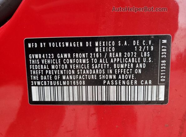 3VWCB7BU6LM016508 2020 VOLKSWAGEN JETTA Red VIN sticker view