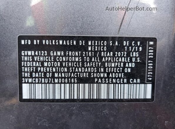 3VWCB7BU7LM006165 2020 VOLKSWAGEN JETTA Gray Widok naklejki z numerem VIN