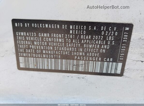 3VWEB7BU6LM036718 2020 VOLKSWAGEN JETTA White Շարժիչի բաժամունքի տեսք