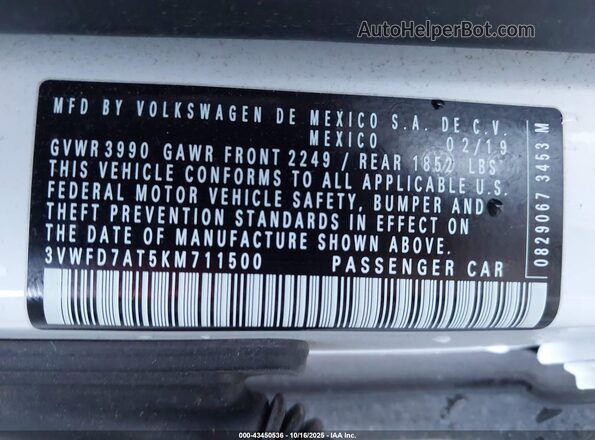 3VWFD7AT5KM711500 2019 VOLKSWAGEN BEETLE White 