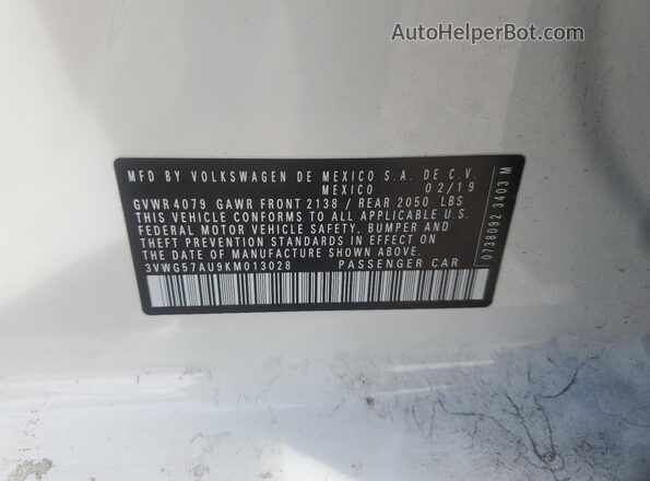 3VWG57AU9KM013028 2019 VOLKSWAGEN GOLF White Вид підкапотного простору