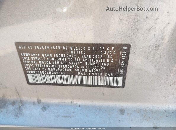 3VWN57BU0LM046801 2020 VOLKSWAGEN JETTA Silver Շարժիչի բաժամունքի տեսք
