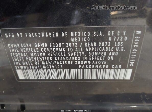 3VWN57BU1LM079175 2020 VOLKSWAGEN JETTA Black Вид підкапотного простору