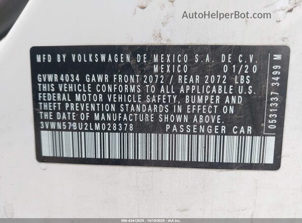 3VWN57BU2LM028378 2020 VOLKSWAGEN JETTA White Շարժիչի բաժամունքի տեսք