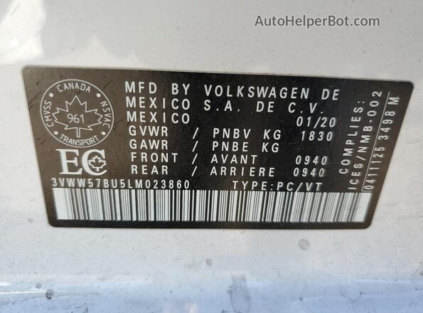 3VWW57BU5LM023860 2020 VOLKSWAGEN JETTA White Вид наклейки з VIN-кодом