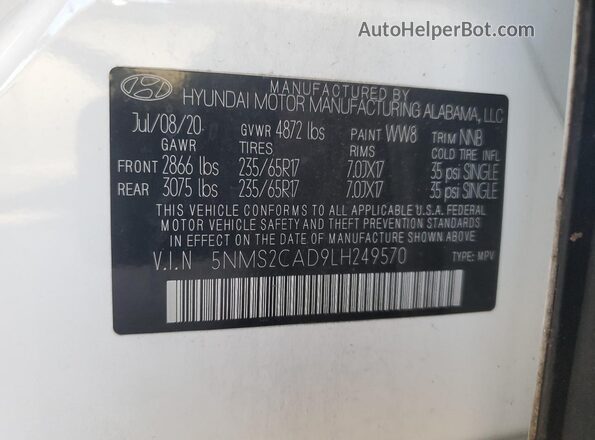 5NMS2CAD9LH249570 2020 HYUNDAI SANTA White Սալոնի 360 աստիճան տեսք