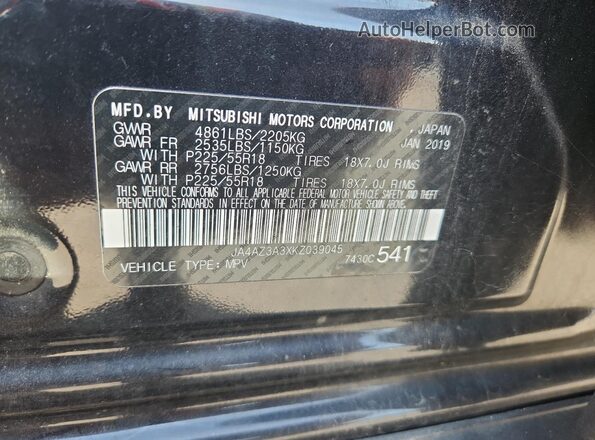 JA4AZ3A3XKZ039045 2019 MITSUBISHI OUTLANDER Black Widok naklejki z numerem VIN