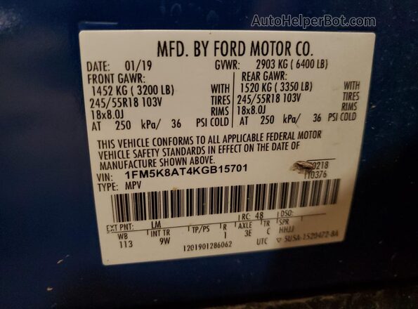 1FM5K8AT4KGB15701 2019 FORD FORD EXPLORER Blue 