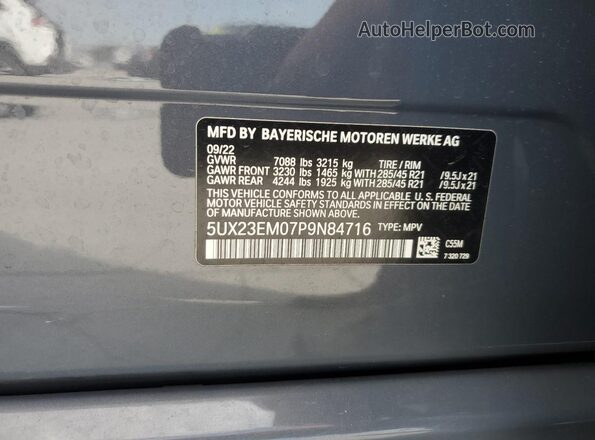 5UX23EM07P9N84716 2023 BMW X7 Gray Панорамний вид салону 360°