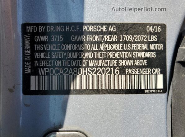 WP0CA2A80HS220216 2017 PORSCHE BOXSTER Silver 
