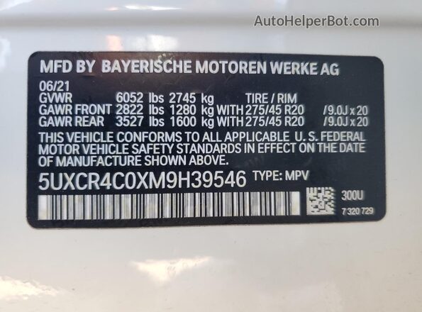 5UXCR4C0XM9H39546 2021 BMW X5 White Vista interior de 360 grados